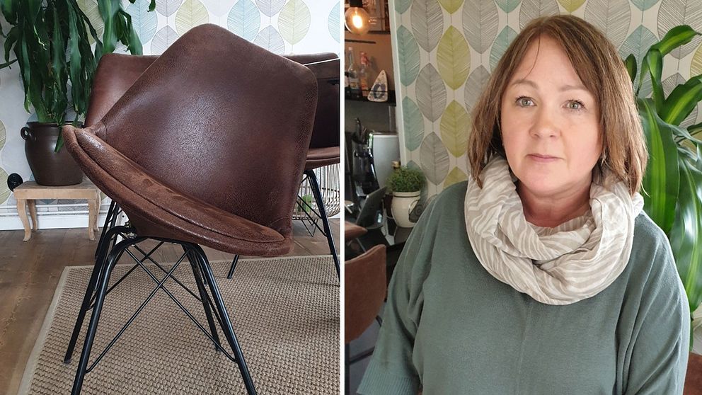 En brun stol som är extremt ned. En bild på Mia Kohl.