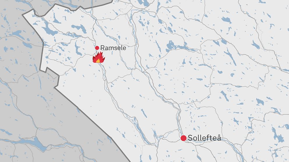 En karta över delar av Västernorrland där Sollefteå, Ramsele samt en symbol för en eld finns utplacerade på kartan.