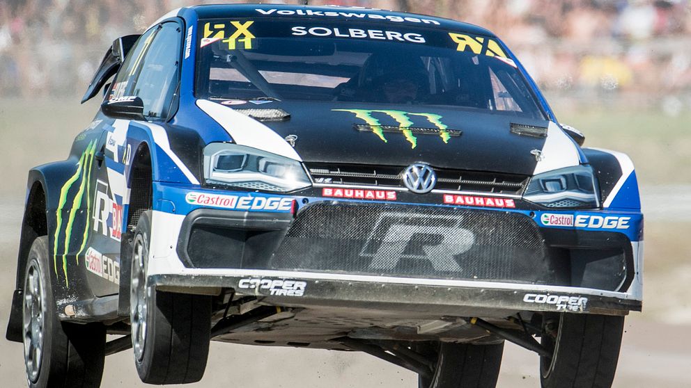 Petter Solberg, NOR, under rallycross-VM, deltävling 6 av 12, på Höljes motorstadion.