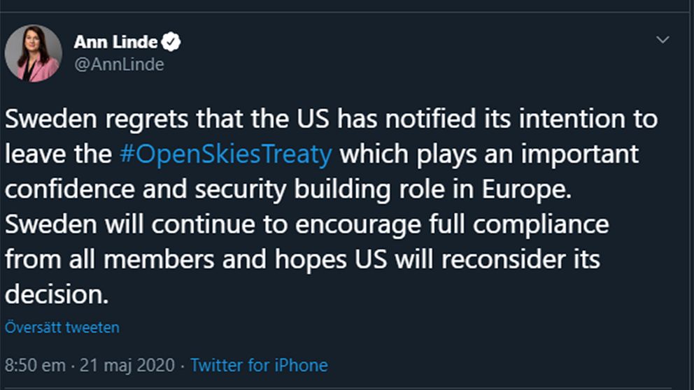 Utrikesminister Ann Lindes (S) uttalande om USA:s besked på Twitter.