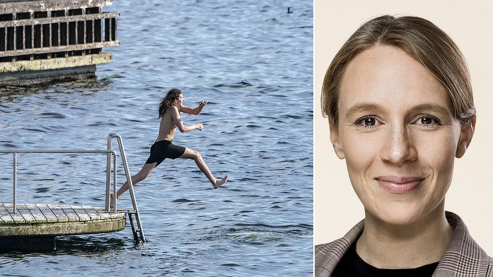 Till vänster en person som badar, till höger Danmarks miljöminister Lea Wermelin.