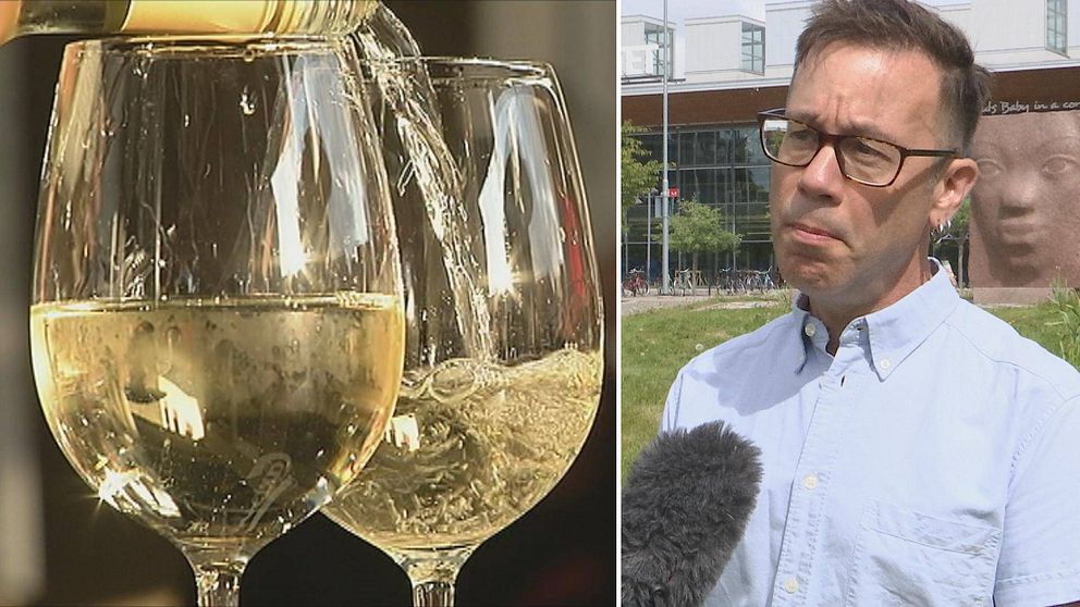 Två bilder. Till vänster två vinglas med vitt vin varav det ena fylls på från en flaska. Till höger Eric Wästlund.