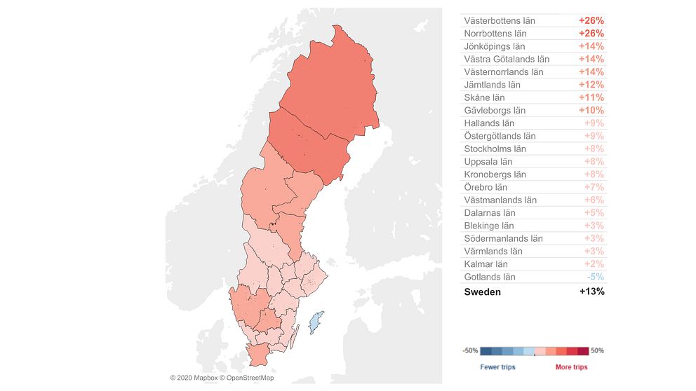 Karta över Sverige som visar på ökat resandet.
