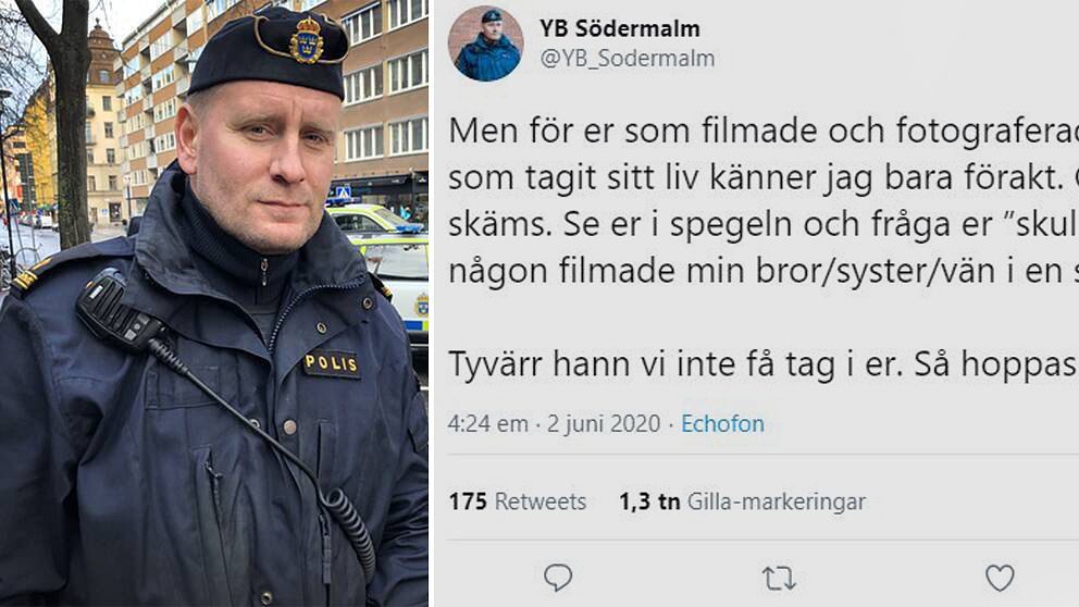 Södermalmspolisen Viktor Adolphson twittrade om de förbipasserande som stannade och filmade.