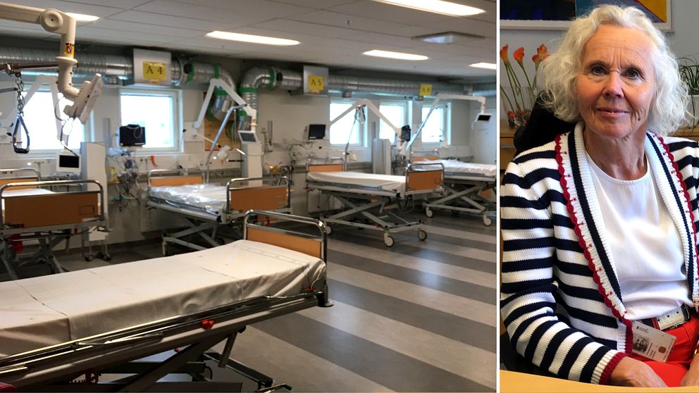 Vårdavdelning på Sundsvalls sjukhus med tomma sängar. Porträtt av sjukhusdirektör Lena Carlsson.