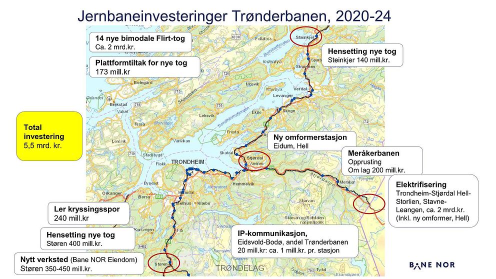 Bild med karta över järnvägsinvesteringar i Tröndelag