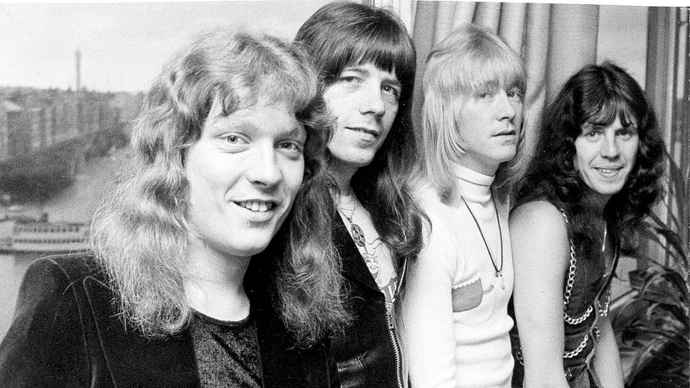 The Sweet på Sverigebesök under storhetstiden i oktober 1974. Fr.v Steve Priest, Andy Scott, Brian Conolly och Mick Tucker.