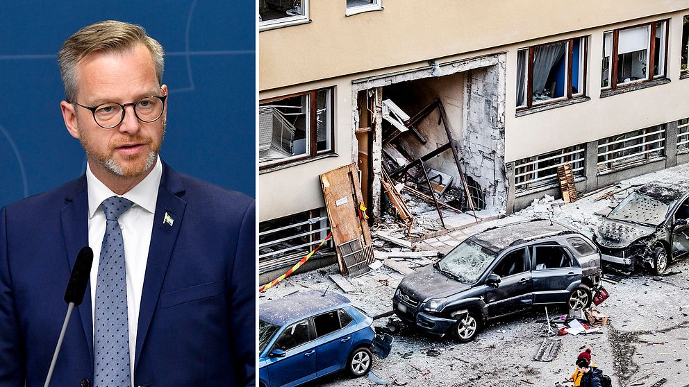 Bild på Mikael Damberg (S) och bild på förödelse efter en sprängning vid ett flerfamiljshus på Östermalm i Stockholm.