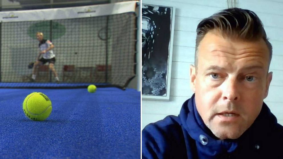 Två bilder. Till vänster från en padelbana, men bollar i förgrunden. Till höger Calle Åkesson.