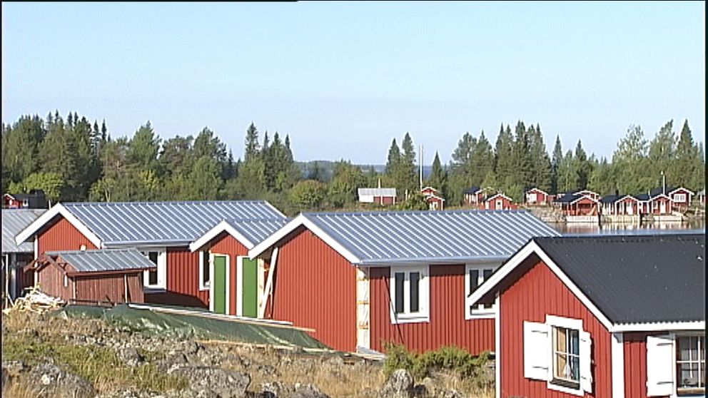 Röda stugor med skog i bakgrunden.