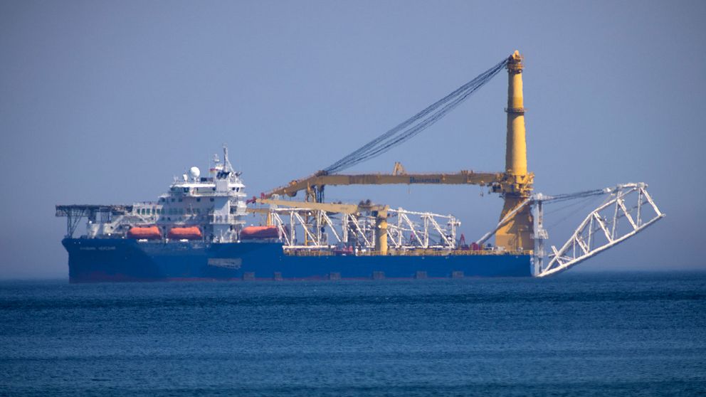 Det ryska rörläggningsfartyget Akademik Cherskiy vid Rügen i norra Tyskland den 10 maj 2020.