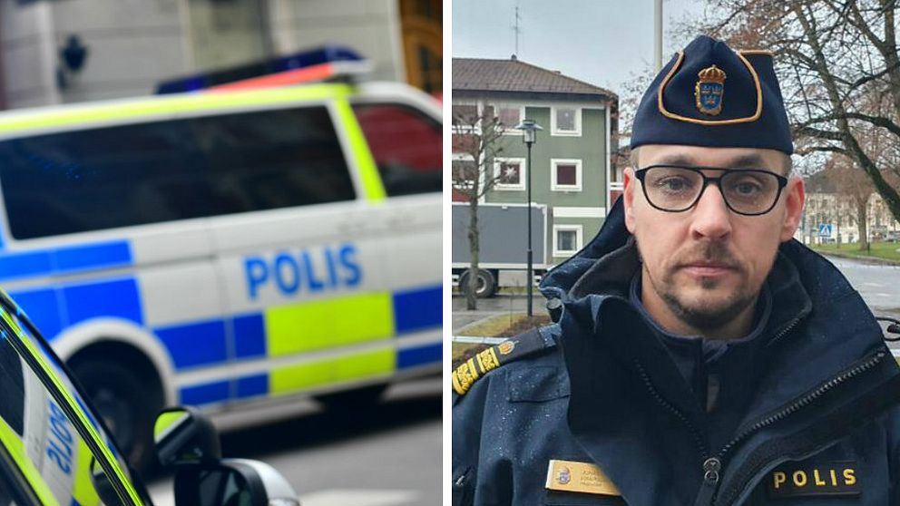 Delad bild där den ena bilden föreställer polisbilar och den andre en polis i uniform med glasögon och mössa.
