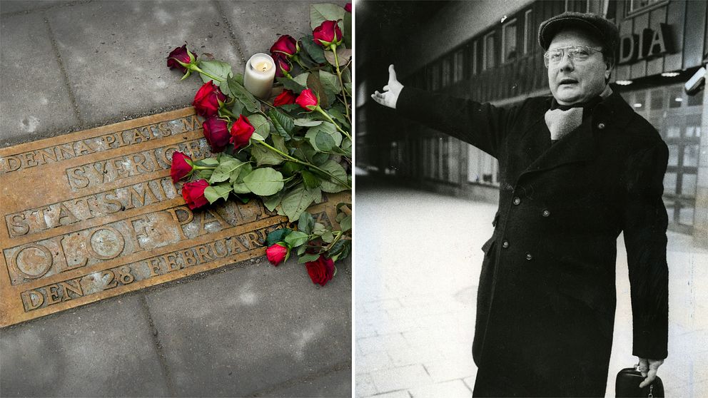 Bild på rosor vid platsen där statsminister Olof Palme mördades på Sveavägen och bild på den så kallade Skandiamannen Stig Engström i keps och med handledsväska fotograferad vid hans arbetsplats på Skandia på Tunnelgatan/Sveavägen.