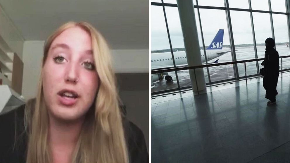ung tjej i kollage med en genrebild från en flygplats