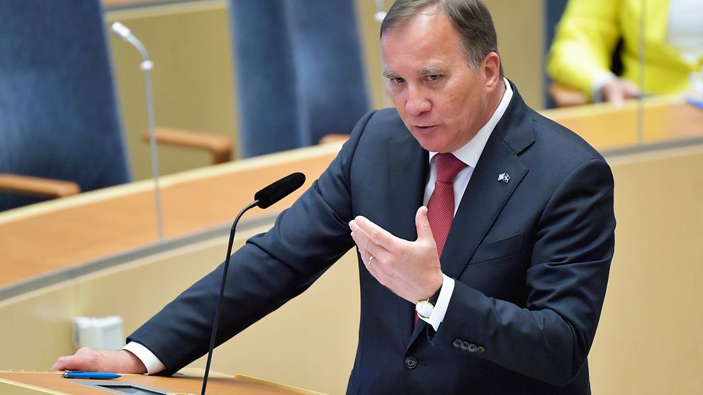 Statsminister Stefan Löfven (S) under partiledardebatten i riksdagen.