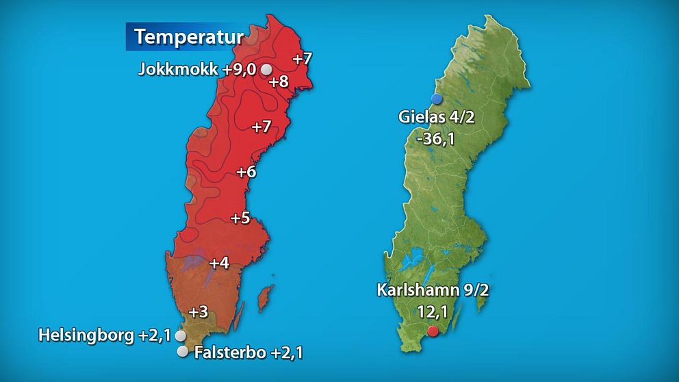 Till vänster månadens medeltemperatur jämfört med referensperioden 1961-1990 (och de stationer som fick störst/minst över/underskott). Till höger månadens högsta och lägsta temperatur.