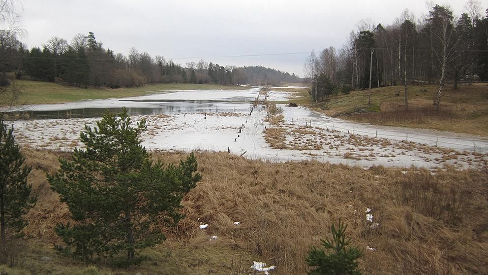 Snösmältningen i söder gjorde att många åkrar förvandlades till tillfälliga sjöar, som här i Lemshaga på Ingarö utanför Stockholm den 27 februari.