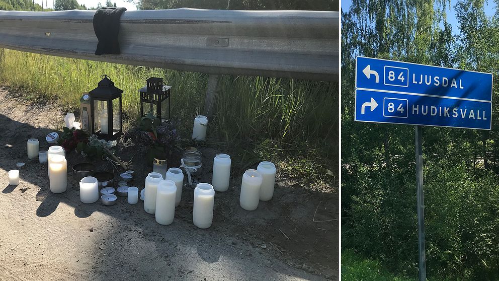 Bild från olycksplatsen där en pojke avled och en skadades i samband med en lastbilskrock utanför Hudiksvall under måndagskvällen. Ljus och blommor vid olycksplatsen.