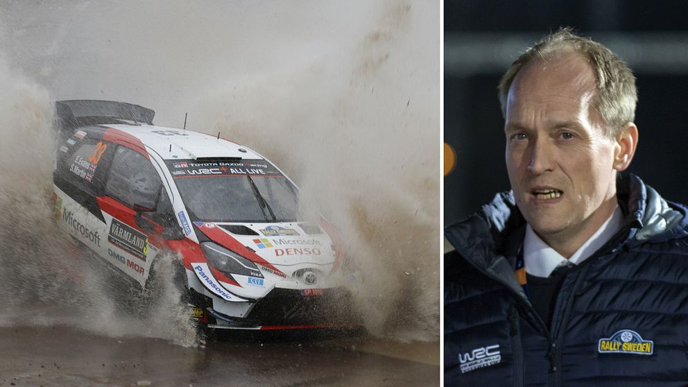 Två bilder. Till vänster en rallybil som åker igenom en stor vattenpöl i årets upplaga av Svenska rallyt. Till höger rally-vd:n Glenn Olsson.
