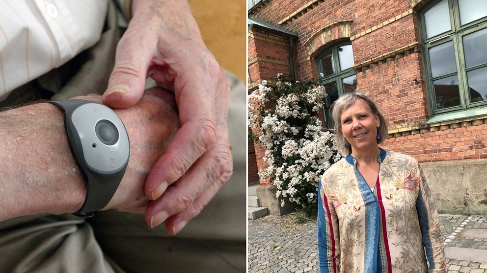 Till vänster äldre persons händer med hemtjänstlarm. Till höger bild på kommunstyrelsens ordförande i Simrishamn, Jeanette Ovesson, moderat.