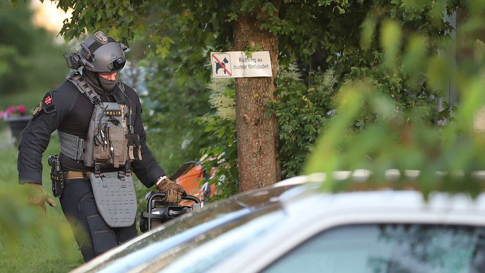 En polis med hjälm och skottsäker väst syns intill ett träd.