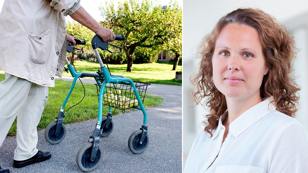 En pensionär som drar en rollator i en äppelträdgård, splittbild med Therese Bäckman, lektor i offentlig rätt.