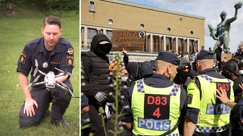 Daniel Ek demonstrerar en drönare som kommer att få en allt större betydelse i Göteborg, efter Black Lives Matter-demonstrationen som nyligen urartade.