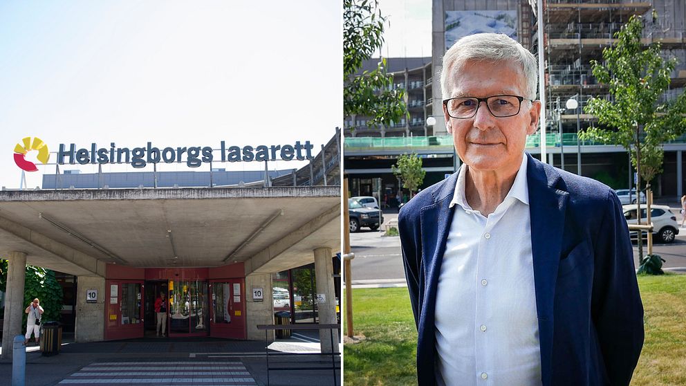 Helsingborgs lasaretts entré och en bild på sjukhuschef Harald Roos.