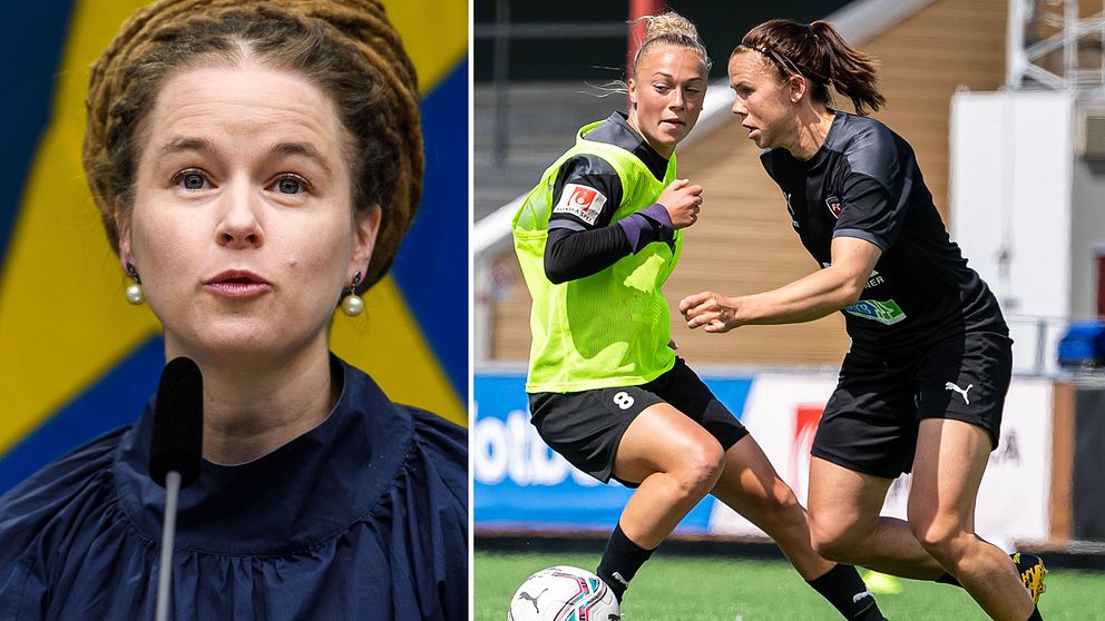 Idrottsminister Amanda Lind samt Hanna Bennison och Jessica Samuelsson under en fotbollsträning med FC Rosengård.