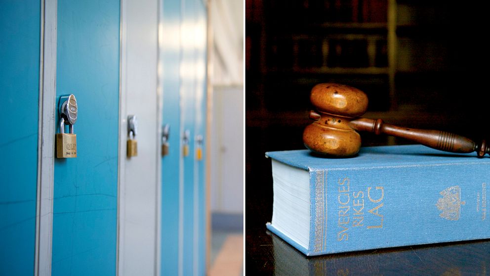 Blåa skåp med hänglås i en skolkorridor bredvid en bild på en klubba på en lagbok.