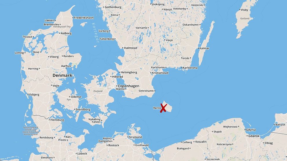 Karta över Danmark och södra Sverige.