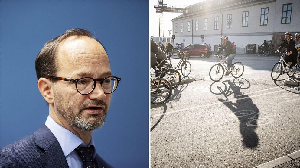 Infrastrukturminister Tomas Eneroth (S) och cyklister.