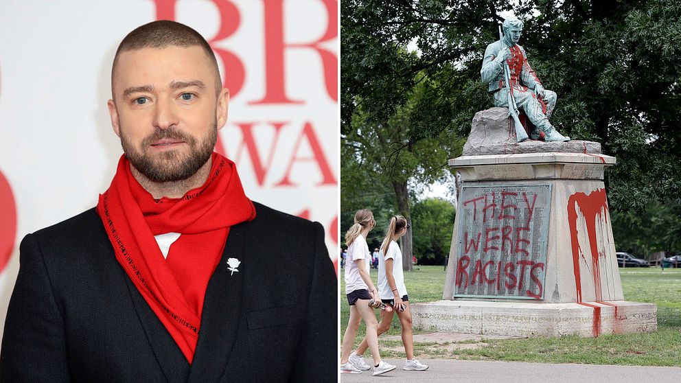 Justin Timberlake ansluter sig till kritikerna som vill att minnesmonumenten för sydstatssoldater och generaler rivs. På bilden ett vandaliserat monument i Nashville, Tennessee.