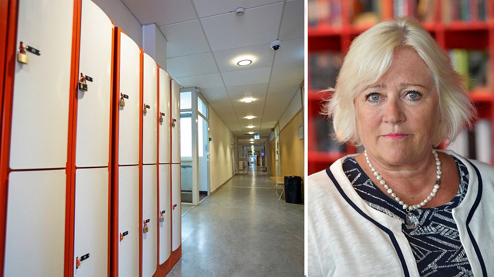 Till vänster, en tom skolkorridor, till höger porträttbild på Barnombudsmannen Elisabeth Dahlin.