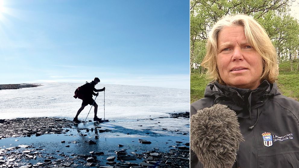 En fjällvandrare på fjället och Wictoria Wadman från länsstyrelsen i Jämtland