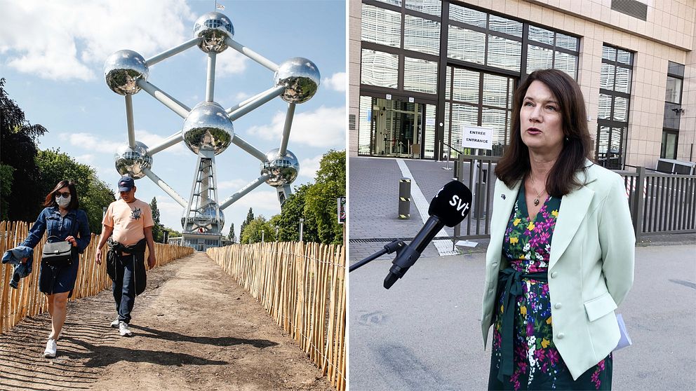 Bild på Atomium i Bryssel samt bild på utrikesminister Ann Linde (S).