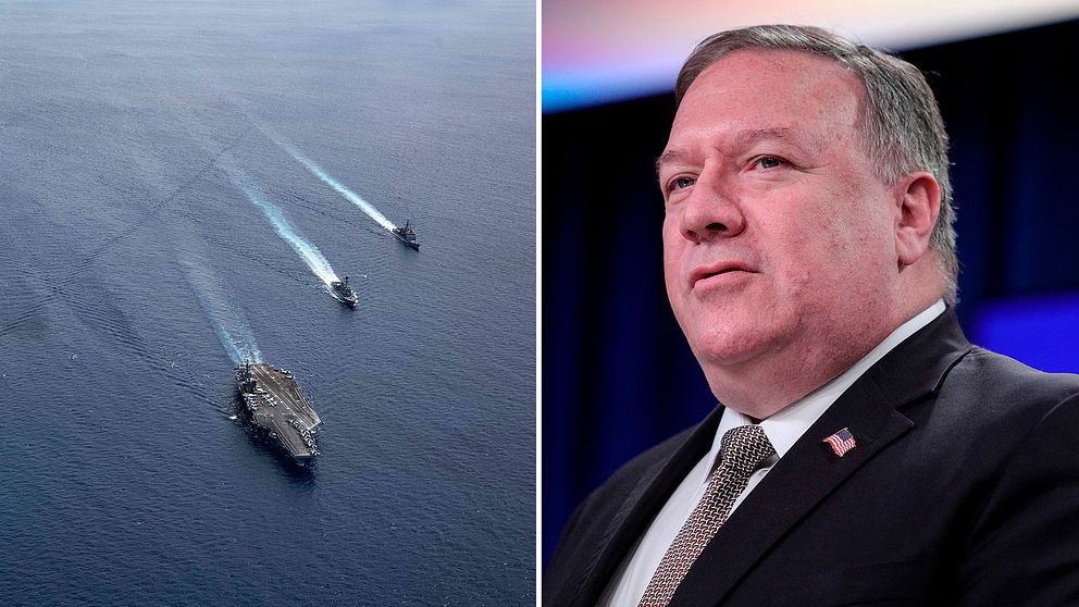 Fartyg på havet och till höger USA:s utrikesminister Mike Pompeo.