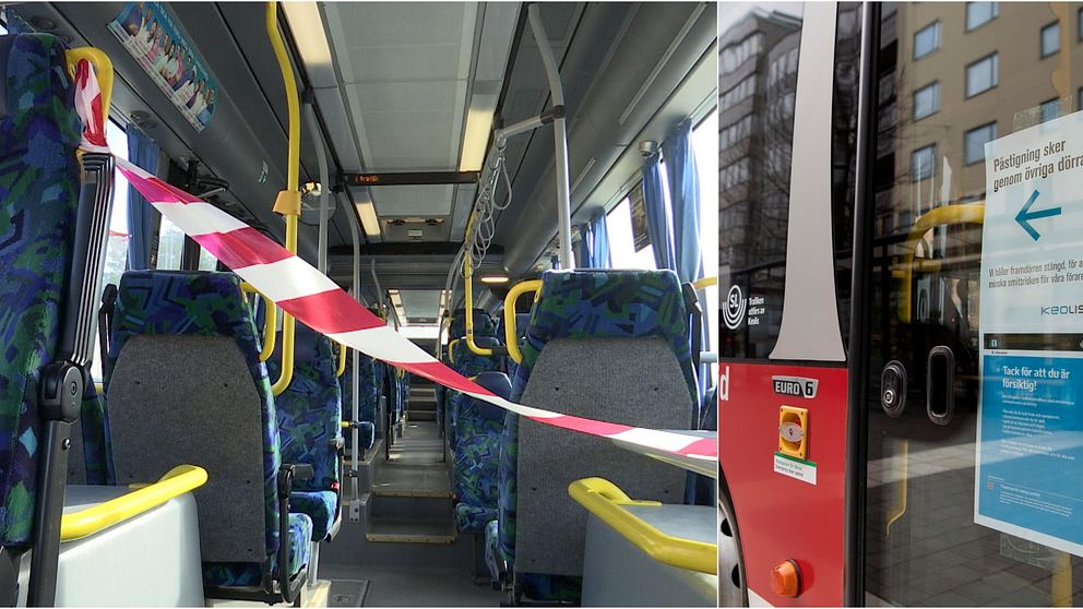 En tom SL-buss med röd-vit avspärrningstejp fäst tvärs över mittgången.