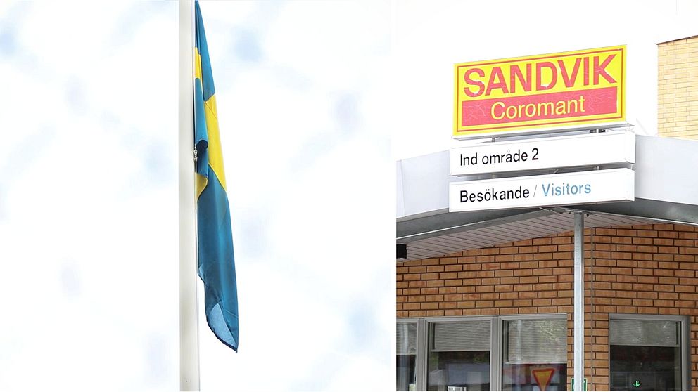 Flaggan på halv stång utanför Sandvik Coromant i Gimo.