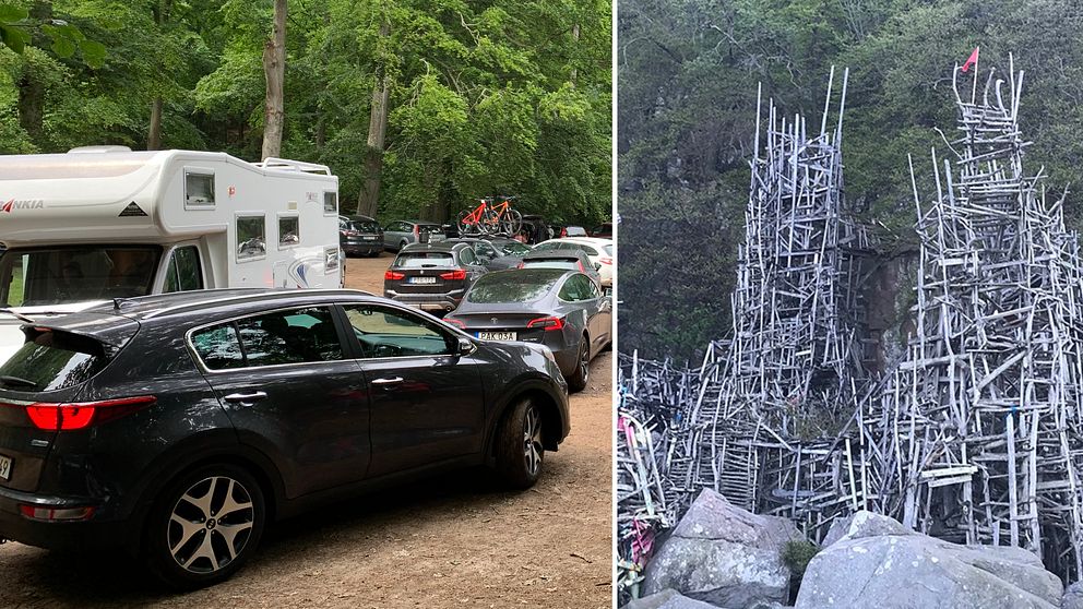 Biltrafik på parkering i Kullabergs naturreservat. Fotomontage med nimis konstverk