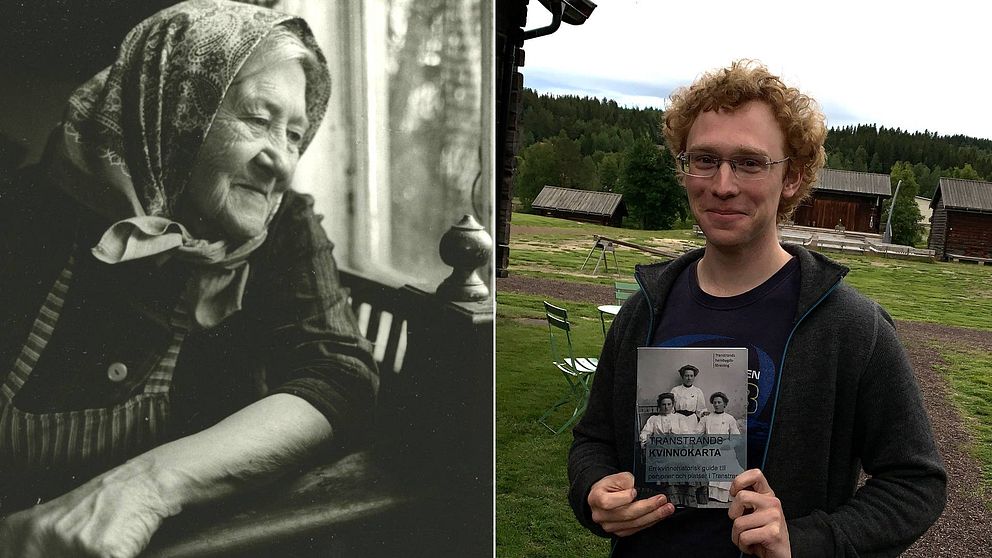 Gammal, svartvit bild på Lovisa Höglund till vänster. Till höger bild på Mats Holmstrand som står utomhus och håller i boken.