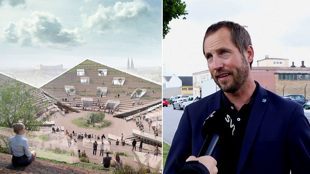 En splitbild. Ena bilden är en konceptbild av BIG arkitekter från taket av en av byggnaderna. Till höger Erik Pelling (S).