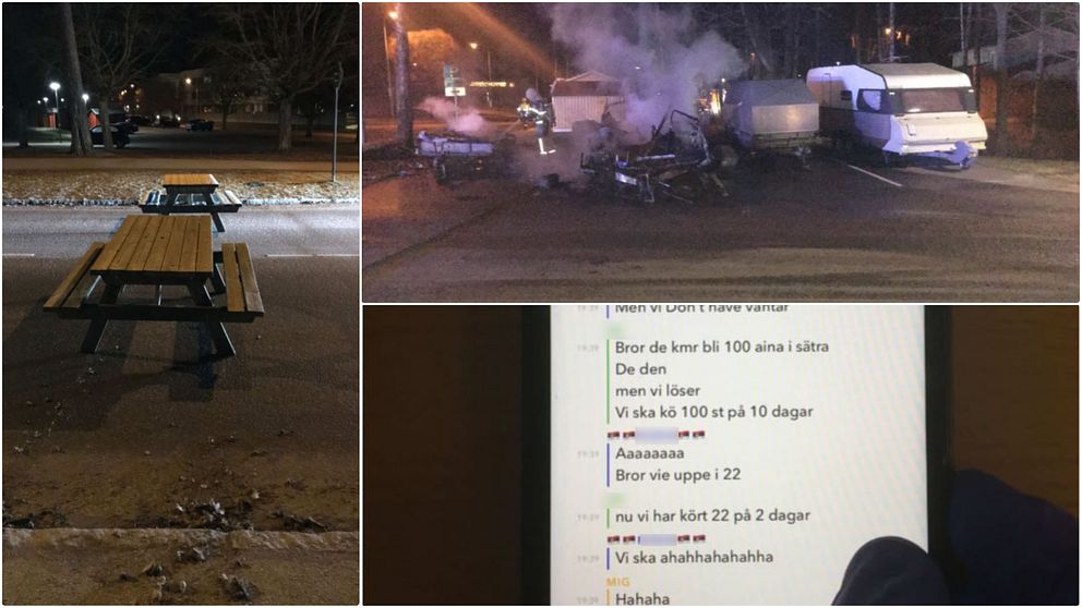 Till vänster: bänkar som placerats ut på bilväg. Övre högerkant: bilbrand i Gävle, januari 2020. Nedre högerkant: meddelandekonversation mellan gärningsmännen i Snapchat.