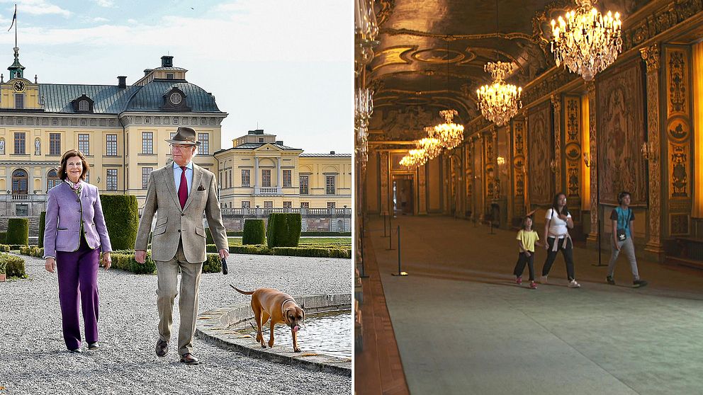 Drottning Silvia och kung Carl XVI Gustaf tillsammans med hunden Brandie utanför Drottningholms slott.