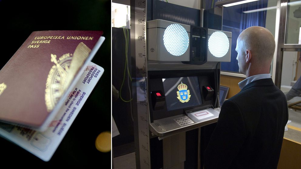 Två bilder. Till vänster ett svenskt pass. Till höger en man som blir fotograferad av en maskin på en passexpedition.