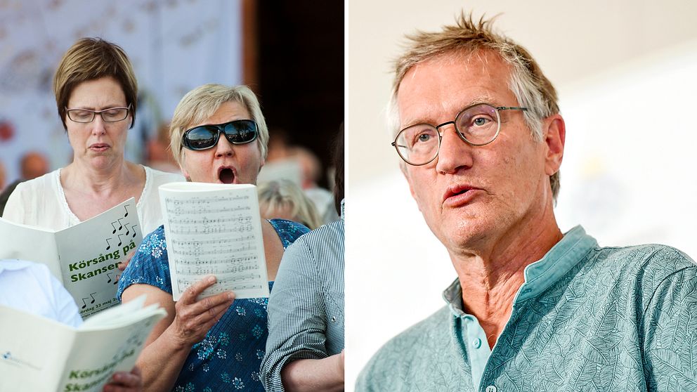 Till vänster kvinnor som sjunger i kör på Skansen (arkivbild från 2010). Till höger Anders Tegnell på presskonferens 23 juli.
