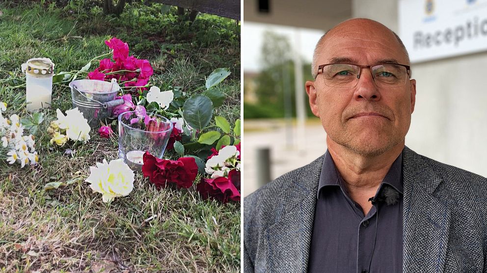 Blommor vid olycksplatsen i Färjestaden. Till höger kammaråklagare Kjell Jannesson.