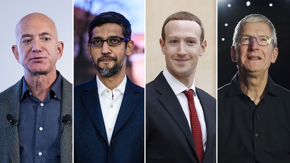 Amazons vd Jeff Bezos, Google och Alphabets vd Sundar Pichai, Facebooks vd Mark Zuckerberg och Apples vd Tim Cook.