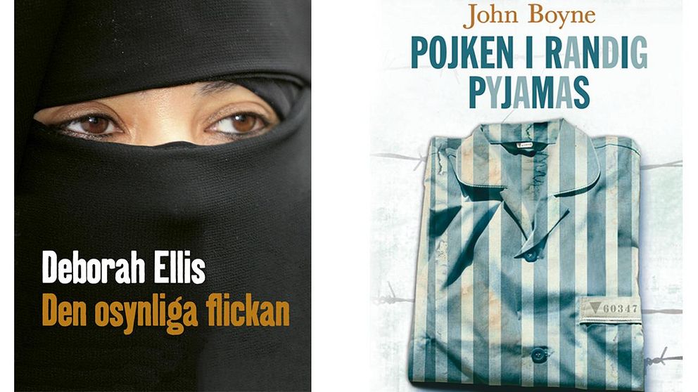 Till vänster bokomslaget till Deborah Ellis ”Den osynliga flickan”. Till höger omslaget till ”Pojken i randig pyamas” av John Boyne.