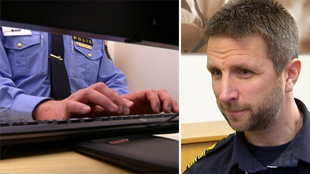 Polis som skriver på tangentbord vid tadorn/porträttbild på Kenneth Bergqvist,  polisområdeschef i Västernorrland.
